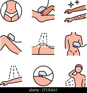 Haarentfernung Vector Color Icons Kollektion. Laserepilierung und Kosmetik. Glatte Haut. Body Face Hair Removal Methoden. Legen Sie flache Symbole für Laserhaare fest Stock Vektor