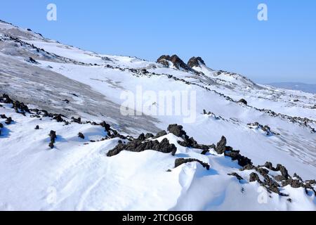 Nähern Sie sich auf vulkanischen Felsen, schneebedeckt mit „I Due Pizzi“ oder „Frati PII“ Hornitos am Berg des Ätna Nordostkraters, Sizilien, Italien Stockfoto