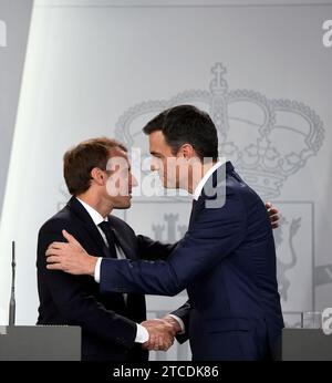 Madrid, 26.07.2018. Der Regierungspräsident Pedro Sánchez empfängt seinen französischen Amtskollegen Emmanuel Macron in La Moncloa. Im Bild auf einer Pressekonferenz. Foto: Oscar del Pozo ARCHDC. Quelle: Album / Archivo ABC / Oscar del Pozo Stockfoto