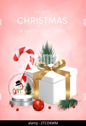 Happy New Year Hintergrund. Transparente weihnachtskugeln mit Stern und Geschenkbox mit Schnee auf rosafarbenem Hintergrund, realistische 3D-dekorative Girlande Stock Vektor