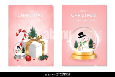 Happy New Year Hintergrund Set. Transparente weihnachtskugeln mit Stern und Geschenkbox mit Schnee auf rosafarbenem Hintergrund, realistische 3D-Dekoration Stock Vektor