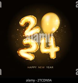 Happy New Year 2024 in Goldfarbe, mit goldenem Glitzer auf schwarzem Hintergrund. Premium Vektor Hintergrund Neujahr 2024. Stock Vektor