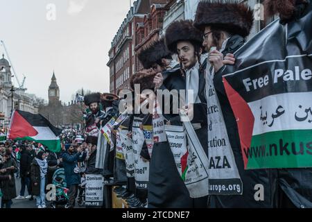 Ultraorthodoxe Juden halten Plakate bei der Teilnahme am „Nationalmarsch für Palästina“ Stockfoto