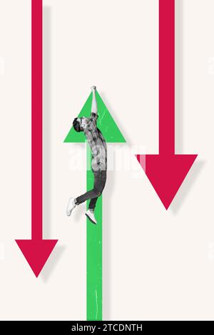 Collage Bild Poster Illustration Retro junger Mann mit Pfeil nach oben Aufstieg Erfolg unter Punkt nach unten Karriere Ziel Challenge Vorlage Stockfoto