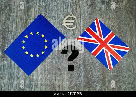 Flaggen der EU und Großbritanniens mit Euro-Zeichen und Fragezeichen, Brexit Stockfoto