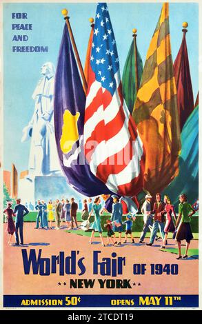 Vintage-Reiseplakat, das die Weltausstellung 1940 in New York – Washington-Statue im Hintergrund anzeigt Stockfoto