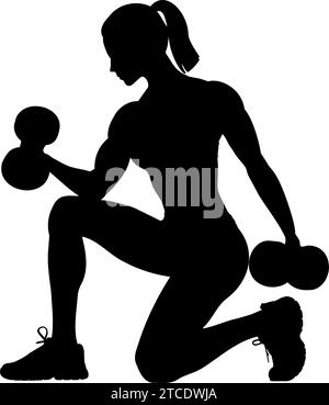 Weibliche Bodybuilder Silhouette heben Kurzhanteln. Vektorabbildung Stock Vektor