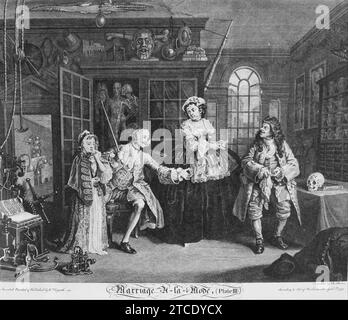 William Hogarth - Ehe À la Mode, Platte 3 (die Szene mit der Quack) Stockfoto