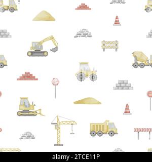 Truck Seamless Pattern Aquarellillustration. Handgezeichnete Autos und Straßenschilder auf isoliertem Hintergrund. Skizze der Baumaschine für Kleidung und Stoffe für den Jungen. Stockfoto