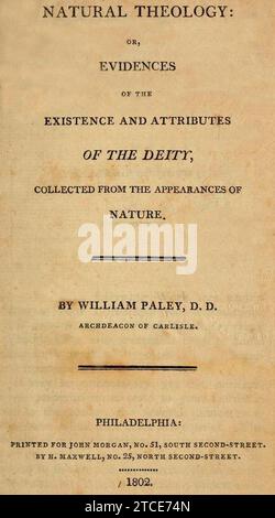 William Paley Natural Theology oder Evidences of the Existence and Attributes of the Gottheit Title Seite 1802. Stockfoto