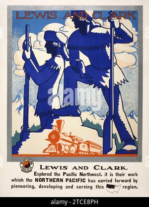 Vintage Northern Pacific Poster, 1920 – Lewis und Clark erkundeten den pazifischen Nordwesten. Reiseposter feat a Steam Train - Artwork by Hilton Stockfoto