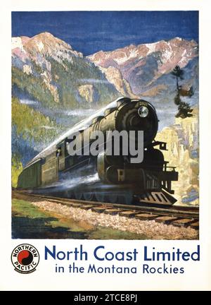 Steam Train - North Coast Limited in den Montana Rockies - Northern Pacific, Vintage American Travel Poster feat a Steam Lokomotive in Full Speed, 1920 - Krollmann Kunstwerk Stockfoto