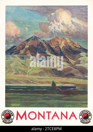 Vintage-amerikanisches Reiseposter - Montana Northern Pacific North Coast Limited, 1920 - Krollmann-Kunstwerk Stockfoto