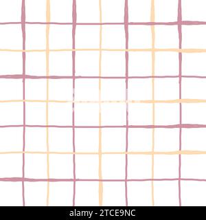 Gingham-Karo-Vektormuster Mit Kritzeleien. Vertikal und horizontal handgezeichnet, kreuzende gelbe, violette Streifen. Geometrischer Backgrou mit Karomuster Stock Vektor