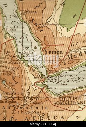 Eine alte/antike geographische Karte in Sepia, die den Jemen zeigt. Stockfoto