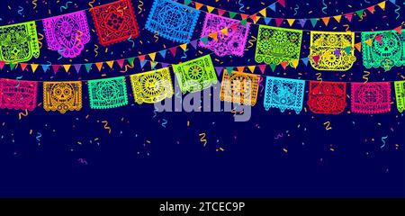 Mexikanische Papel Picado Papier geschnittene Fahnen und Banner für Feiertag fiesta Dekorationen, Vektor-Hintergrund. Papel Picado Flaggen Girlande mit Papier geschnittenem Schädel und Blumenschmuck mit Konfetti für mexikanische Party Stock Vektor