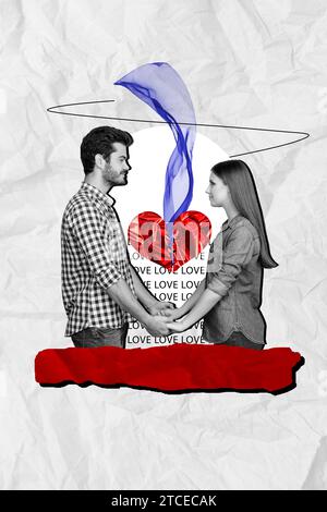 Vertikale kreative Kunstwerke Collage Ehepartner, die sich gegenseitig Hände halten Liebe Gefühle Vertrauen Beziehung Weißer Hintergrund Stockfoto