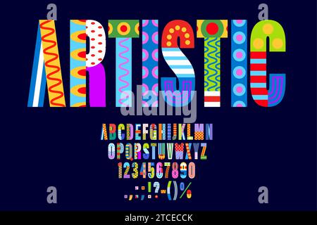 Geometrische abstrakte Schrift, Bauhaus-Typ oder Farbform Schriftart, Vektor Urban Art englisches Alphabet. ABC Letters Schriftart im künstlerischen Retro- oder modernen kreativen Typografietyp mit farbenfrohen Mustern und Formen Stock Vektor