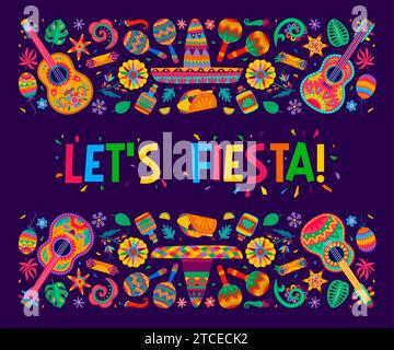 Mexikanische fiesta Party Banner mit Sombrero, Maracas und Gitarren, Vektor tropische Blumen Ornament. Mexikanisches Poster mit farbenfrohen Mustern von mexikanischem Burrito, Tequila oder Pinata und Blumen Stock Vektor