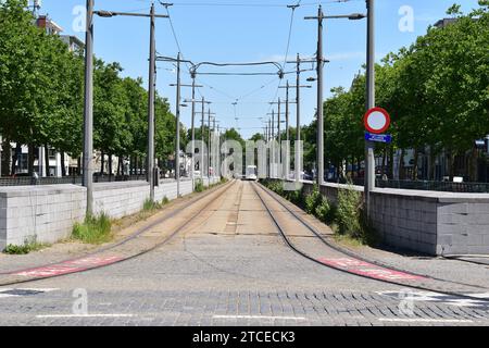 Straßenbahnschienen führen vom Bolivar-Platz ins Stadtzentrum von Antwerpen Stockfoto