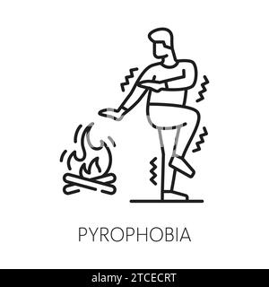 Menschliche Pyrophobie Phobie Icon, psychische Gesundheit. Angst vor Feuer, psychische Störungen, psychologische Probleme lineares Vektorzeichen. Angst Problem dünne Linie Symbol oder Piktogramm mit einem Mann, der Angst vor Feuer hat Stock Vektor