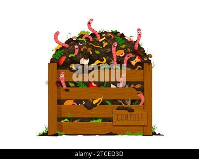 Lustige Erdwürmer in hölzernem Kompostkasten mit Bodengrund und organischem Müll, Cartoon-Vektor. Vermikompostieren von Regenwürmern in einer Gartenkiste mit Kompostierde aus biologisch kompostierbaren Abfällen oder Lebensmittelresten Stock Vektor