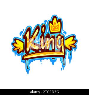 King Graffiti Street Art, urbaner Stil. Hip Hop Kultur Kunstwerk Hintergrund, Wandanhänger oder Teenager Airbrush Scribble Vektortext. Street Art Grunge Graffiti mit goldener und blauer Farbe King Text, Krone Stock Vektor
