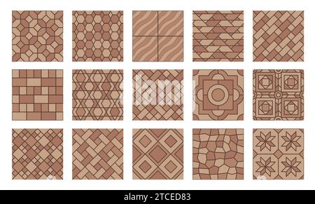 Braune Straßenpflaster von oben, Straßenpflaster und Garten Gehsteig Fliesen, nahtloser Vektor. Steinziegel-Pflastermuster aus Terrakottafliesen mit mosaischem kubischem und geometrischem Blumenmuster Stock Vektor