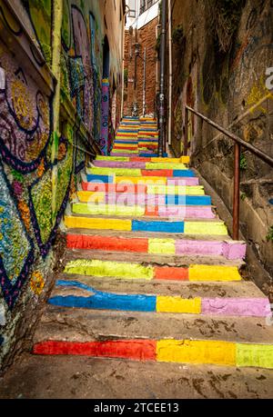 Gemalte Treppe in Valparaíso, Zentrum Chiles. Stockfoto