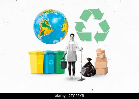 Horizontale kreative Fotocollage des jungen Mannes auf dem Weg zum sauberen Planeten Konzept der Abfalltrennung Recycling Wiederverwendung von Umweltschutz Stockfoto