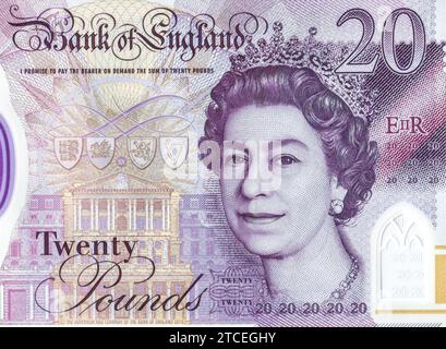 Teil von 20 britischen Pfund Sterling mit Königin Elizabeth II., Nahaufnahme Stockfoto