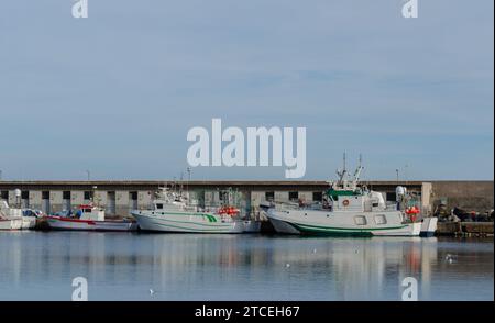 ROQUETAS DE MAR, SPANIEN - 07. DEZEMBER 2023 die Haupttätigkeit des Hafens ist die Fischerei, aber auch Freizeit- und Sportboote können dort anlegen Stockfoto