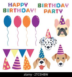 Geburtstagsfeier für Hunde. Niedlicher Zeichentrickhund im flachen Stil Stock Vektor