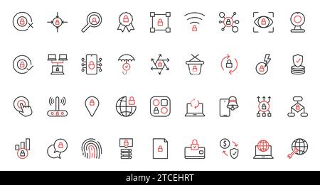 Cybersicherheitssystem, Hosting auf Server, akzeptierte sichere drahtlose Verbindung, globales GPS, Schutz vor Datenaktualisierungen mit Shield. Trendige rote, dünne Linien-Symbole für Online-Sicherheit stellen die Vektordarstellung ein. Stock Vektor