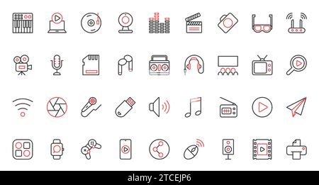 Videokamera und Mikrofon, Foto-, Film- und Musikbibliothek, mobile App, Kopfhörer und Spiele. Multimedia-Inhalte, -Geräte und -Unterhaltung trendige rote, dünne Linien bilden die Vektordarstellung. Stock Vektor
