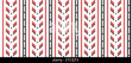 Ukrainisches modernes Streifenmuster. Nahtloses Vektormuster für Textil, Stoff, Stoff. Modernes ukrainisches Volk, ethnische Ornamente in Rot und Schwarz. Pixel Stock Vektor