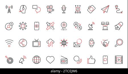 Globaler Support, Satellitensystem für Kommunikationsturm, Symbole für E-Mail-Benachrichtigungen und Chat-Nachrichten. Vektordarstellung trendiger roter, schwarzer Symbole mit dünnen Linien für die globale Netzwerktechnologie sozialer Medien. Stock Vektor