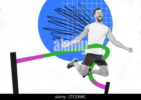 Horizontale Fotocollage des jungen starken Sportlers, der den Sieger des Wettkampfrennens mit gerissenem Band auf kreativem Hintergrund beendet Stockfoto