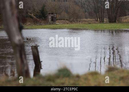 Tanne, Deutschland. Dezember 2023. Überflutete Wiesen im Oberharz bei Tanne. Die Warme Bode hat die Meldegrenze überschritten und ihre Banken geplatzt. Derzeit gibt es Hochwasserwarnungen für mehrere Flüsse in Sachsen-Anhalt, Alarmstufe 2. Quelle: Matthias Bein/dpa/Alamy Live News Stockfoto