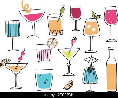 Sammlung von handgezeichneten alkoholischen Doodle-Getränken, Cocktails mit Orangenschalen, Regenschirm und Kirschen. Frohe Neujahrsfeier, Geburtstagsfeier Stock Vektor