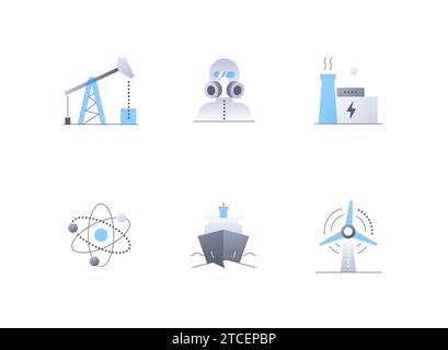 Industrialisierung und Energiequellen – Symbole im flachen Design Stock Vektor