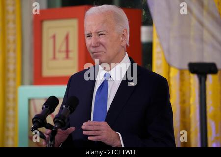 Washington, USA. Dezember 2023. Präsident Joe Biden spricht bei einem Empfang in Hanukka im East Room des Weißen Hauses in Washington am Montag, 11. Dezember 2023. (Foto: Jacquelyn Martin/Pool/SIPA USA) Credit: SIPA USA/Alamy Live News Stockfoto