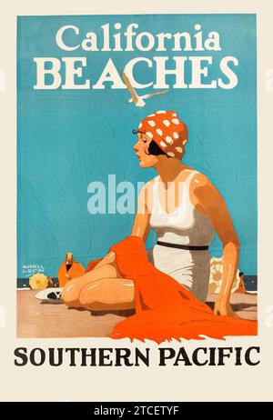 California Beaches - California Railroad Travel Poster, Südpazifik, Frau am Strand aus den 1920er Jahren - Kunstwerk von Maurice Logan Stockfoto