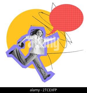 Junge glückliche Frau, die über farbenfrohen Hintergrund mit Sprechblase läuft. Werbung, Information, Kommunikation. Zeitgenössische Kunstcollage. Stockfoto