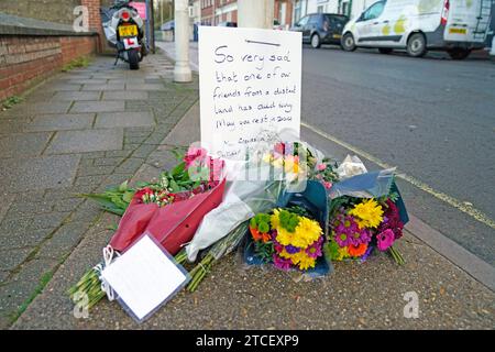 Die Blumen werden am Eingang des Portlandhafens in Dorset nach dem Tod eines Asylsuchenden an Bord des Bibby Stockholm Beherbergungskahns hinterlassen. Die Polizei wurde zu Berichten über einen „plötzlichen Tod“ eines Mannes gerufen, der früh am Dienstagmorgen auf dem riesigen Schiff lebte. Bilddatum: Dienstag, 12. Dezember 2023. Stockfoto