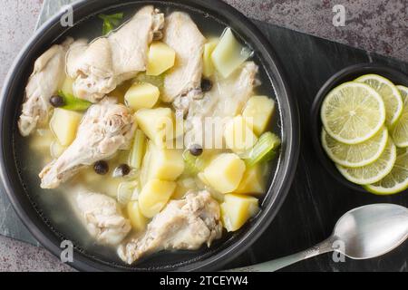 Bahamischer Eintopf mit Hähnchenflügeln, Kartoffeln, Sellerie, Limette und Gewürzen in einer klaren Brühe in Nahaufnahme auf einem Teller auf dem Tisch. Horizontale Draufsicht von oben Stockfoto