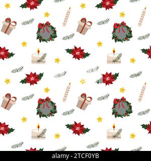 Nahtloses Muster mit botanischen Weihnachtspflanzen, Blumen und Glocken. Stock Vektor