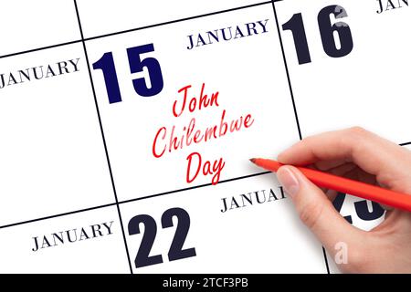 Januar 15. Handschrift John Chilembwe Day am Kalenderdatum. Speichern Sie das Datum. Urlaub. Tag des Jahres-Konzept. Stockfoto