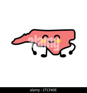 North Carolina ist ein Farbelement des US-Bundesstaates. Lächelnde Zeichentrickfigur. Vereinigte Staaten von Amerika. Karte mit Kreisgrenzen. Stock Vektor