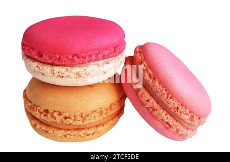 Köstliche pastellfarbene Macaron-Gebäck isoliert auf weißem Hintergrund Stockfoto